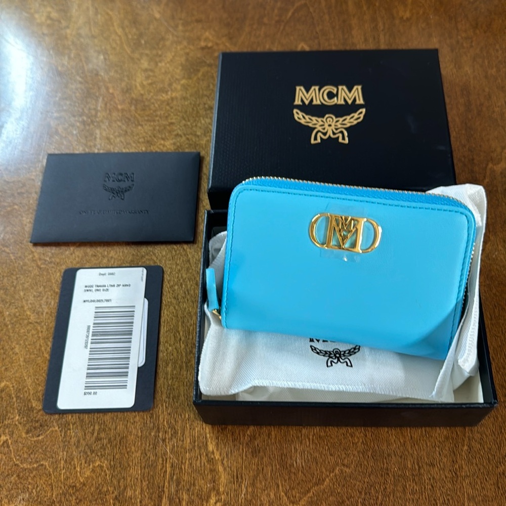 NEW - MCM Blue Wallet, dust bag, box. 4.5”x3”